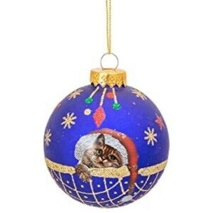 Kurt Adler Royal Blue Santa Cat Ball 3” Glass Christmas Ornament